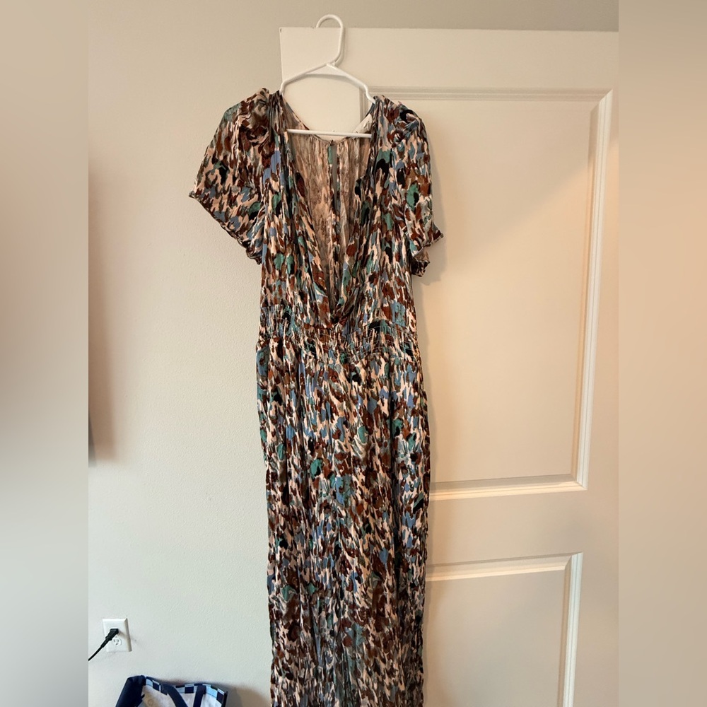Anthropologie Teal Brown Cream Abstract Print Maxi Dress